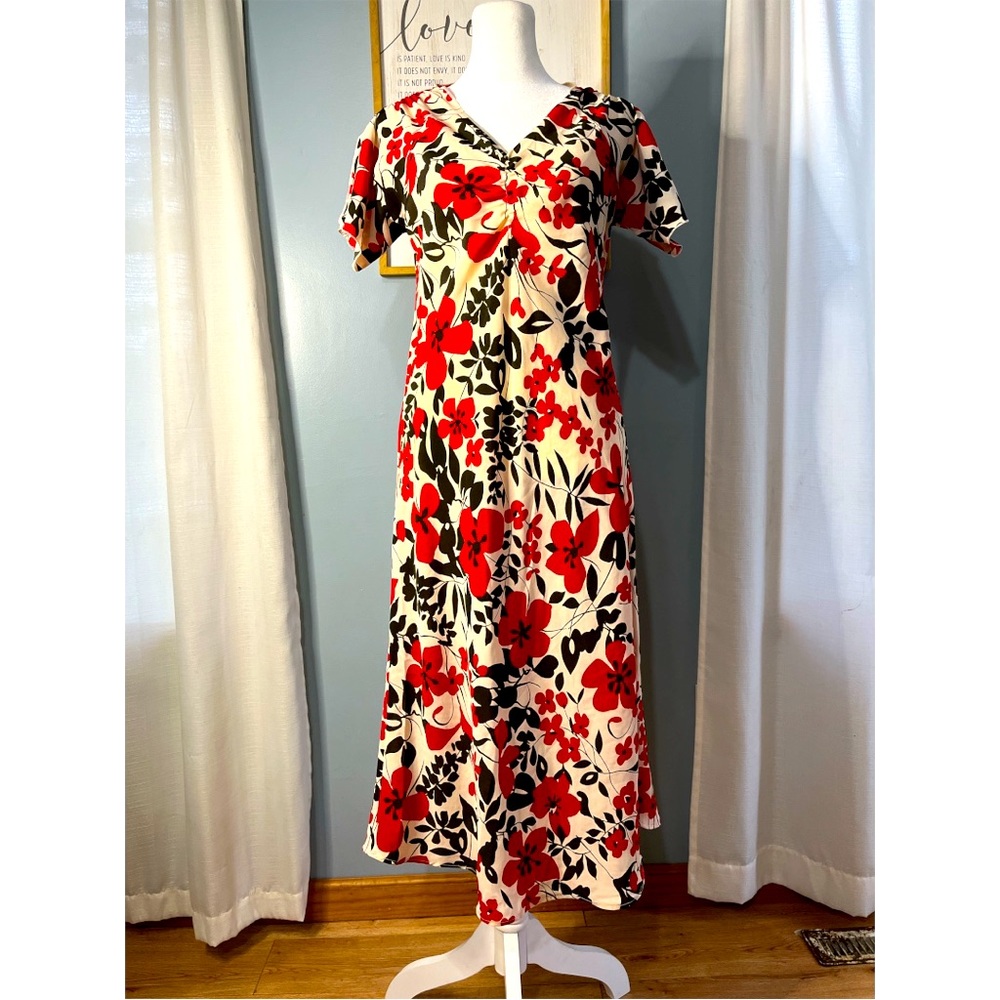 Mlle Gabrielle bold red, black, and cream floral midi length sheer dress 6